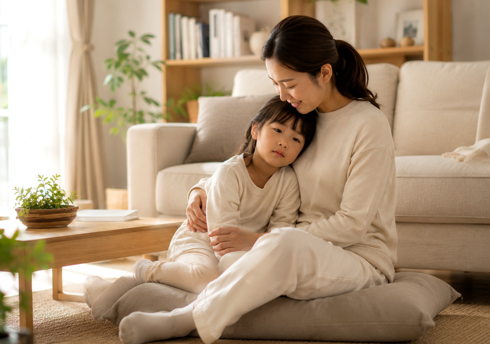 성북 코골이비염 – 아이가 엄마에게 기대어 편안히 앉아 있는 모습