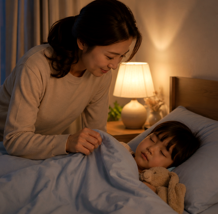 성북 코골이비염 – 밤에 엄마가 잠든 아이에게 이불을 덮어 주는 모습