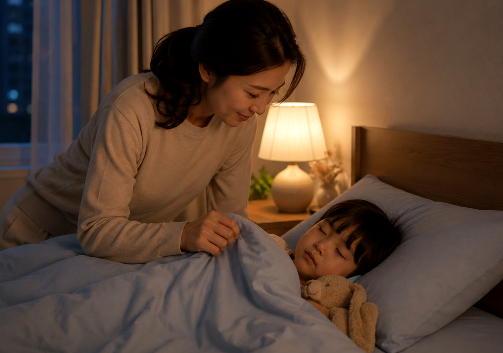 성북 코골이비염 – 밤에 엄마가 잠든 아이에게 이불을 덮어 주는 모습