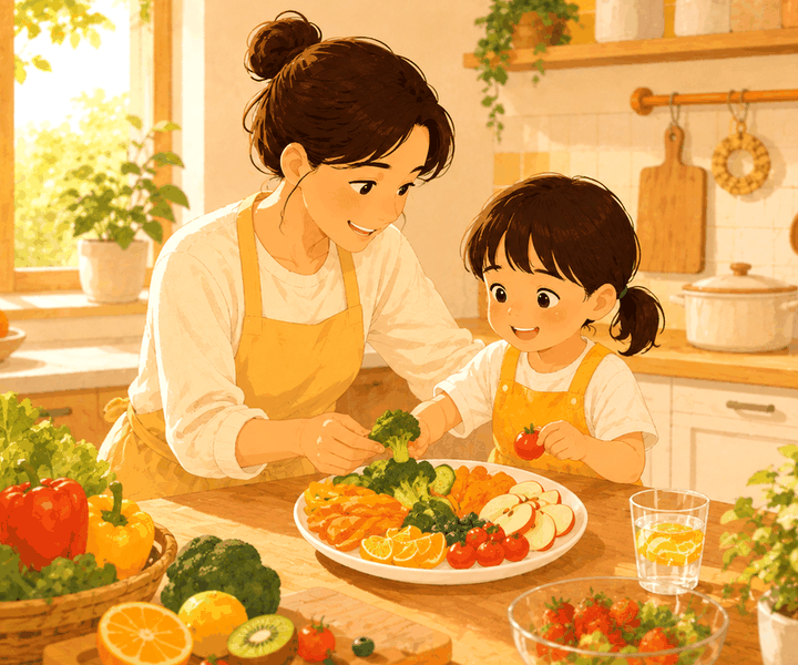 성북 변비 – 주방에서 엄마와 딸이 색색의 과일과 채소 접시를 함께 준비하는 모습