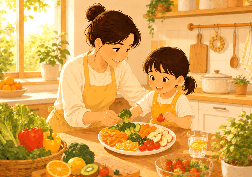 성북 변비 – 주방에서 엄마와 딸이 색색의 과일과 채소 접시를 함께 준비하는 모습