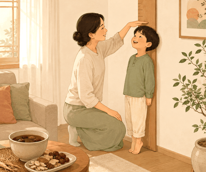성북 아이누리한의원에서 아이 키를 벽 성장자로 재며 웃는 엄마와 아이