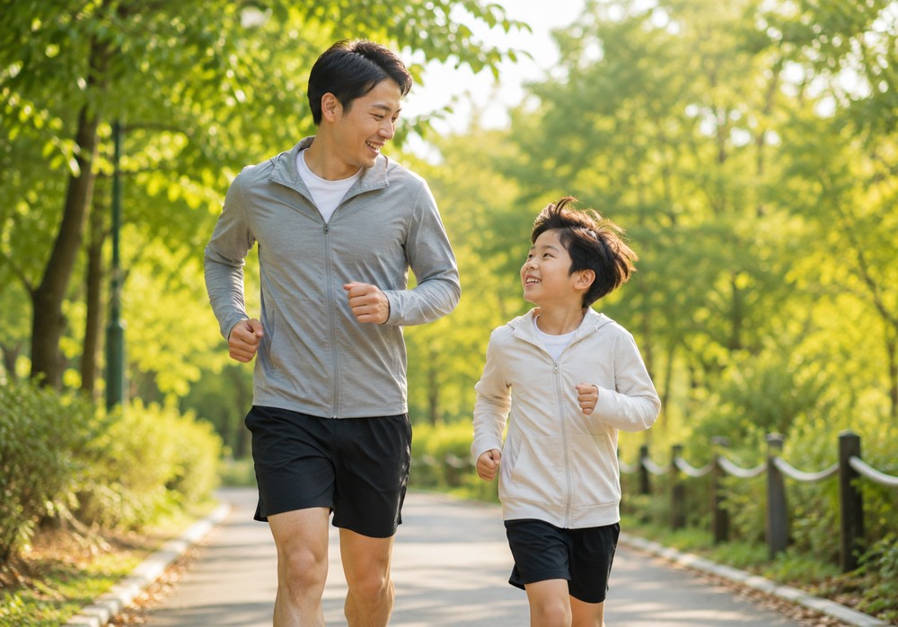 초록 나무가 우거진 공원 길에서 아빠와 아이가 함께 조깅하는 모습