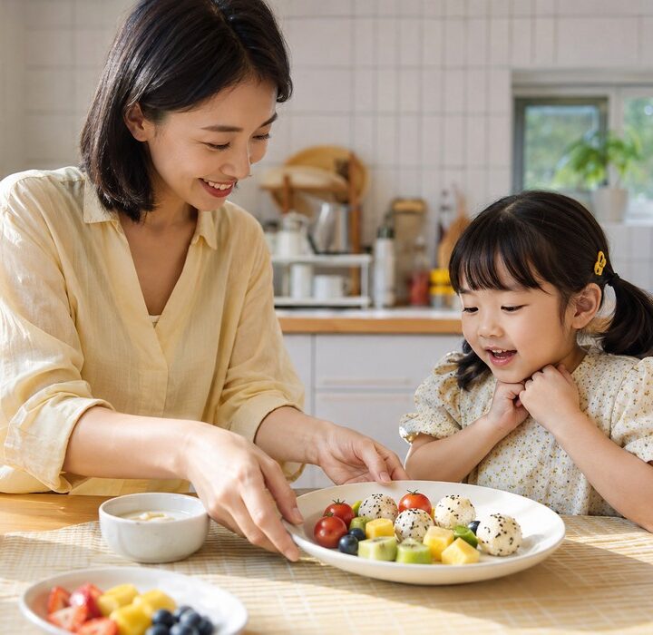 성북 소아 식욕부진 – 주먹밥과 과일 접시를 아이 앞에 놓아주는 장면