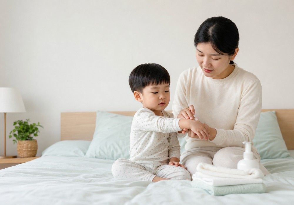 성북 두드러기 – 침대에서 아이 팔에 로션을 발라주는 엄마
