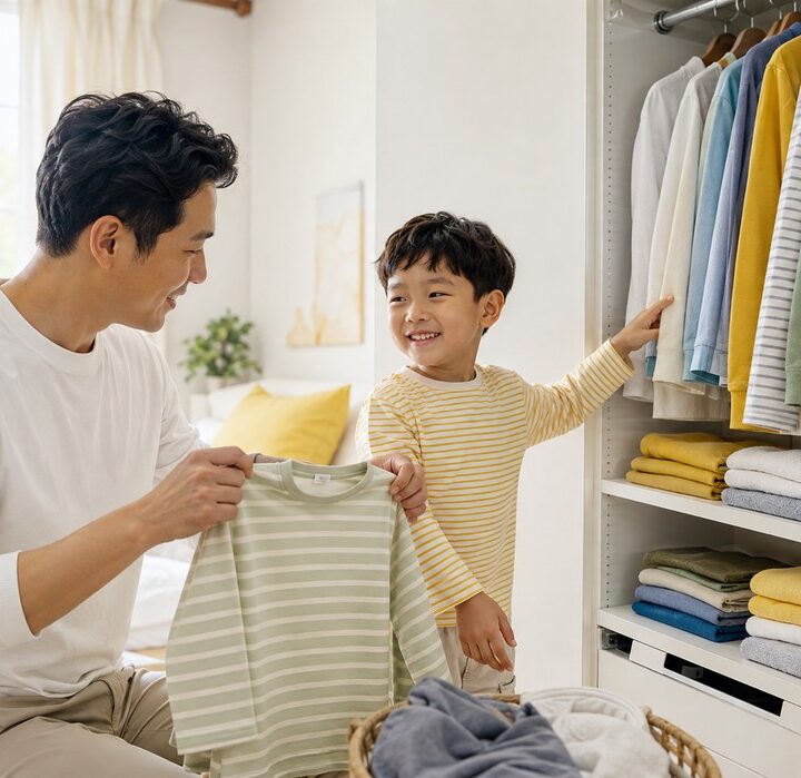 성북 두드러기 – 옷장 앞에서 순면 상의를 함께 고르는 아빠와 아이