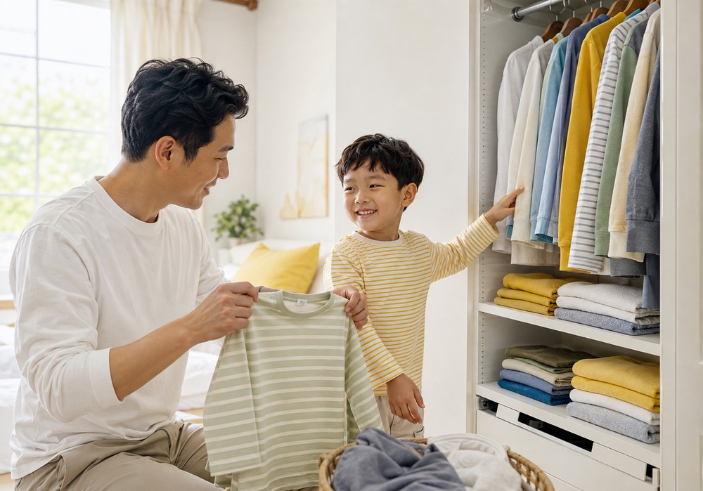 성북 두드러기 – 옷장 앞에서 순면 상의를 함께 고르는 아빠와 아이