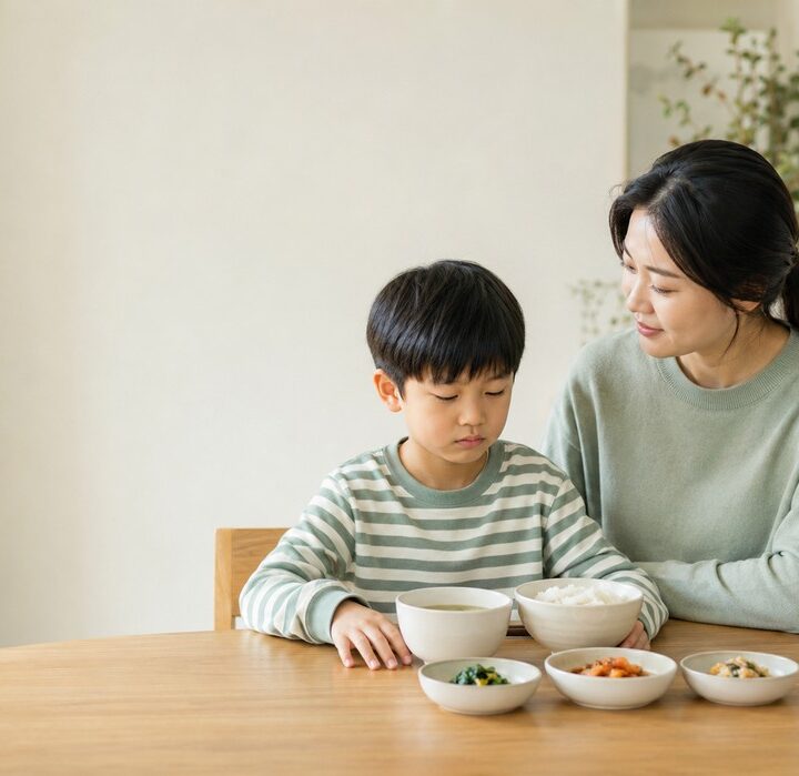 성북 감기 후 식욕 없음 – 밥과 국, 반찬을 앞에 두고 앉은 아이와 엄마