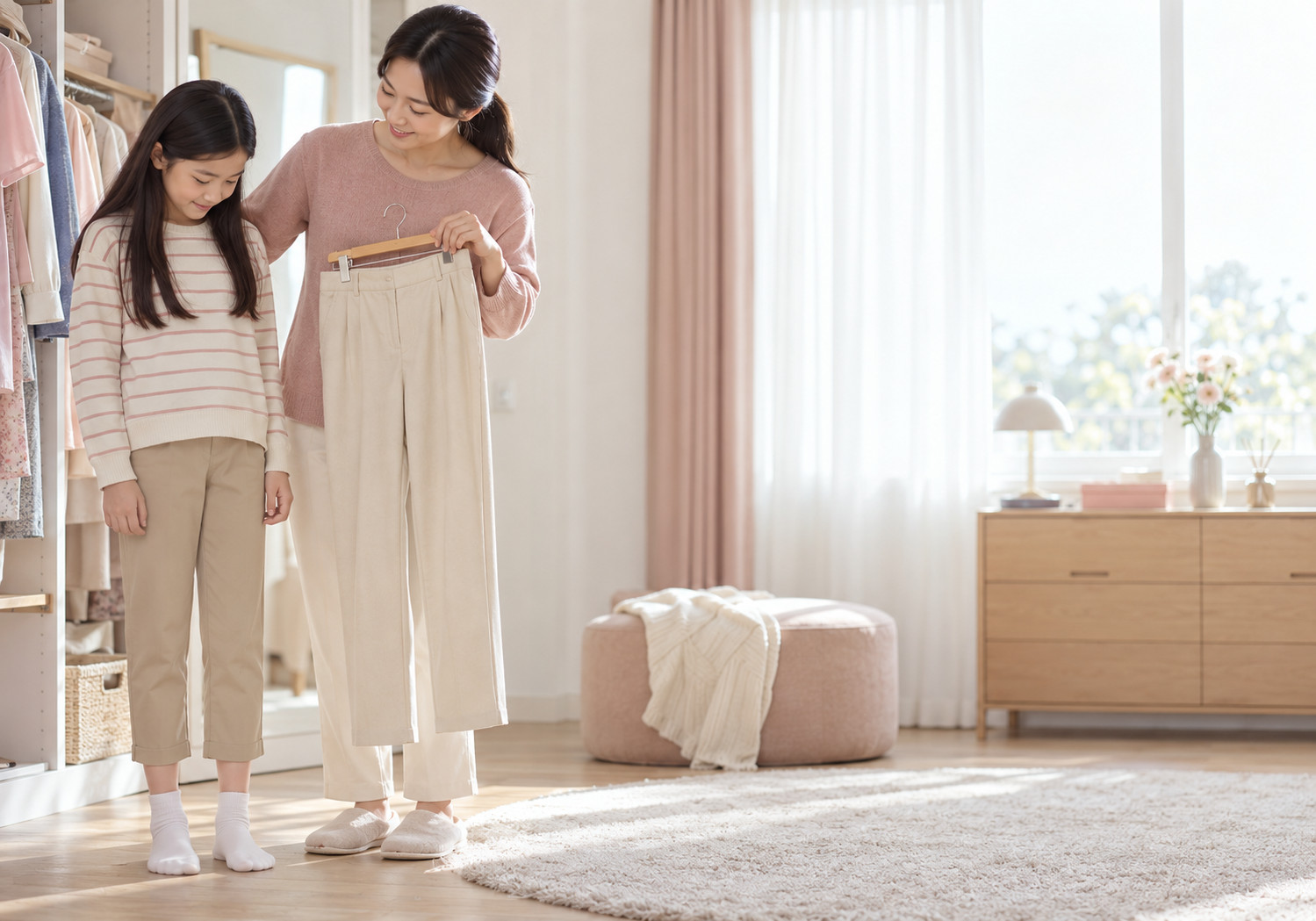 성북 여아 성조숙증 증상 – 엄마와 아이가 옷의 크기를 살펴보는 모습