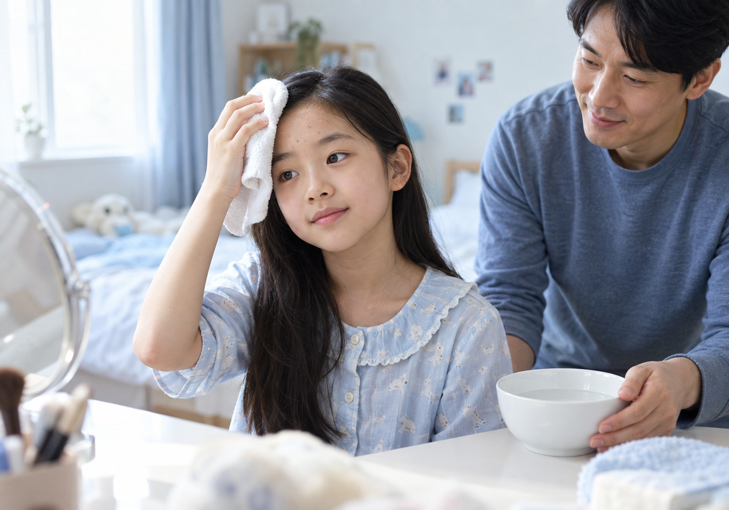 성북 여아 성조숙증 증상 – 거울 앞에서 이마를 살펴보는 아이
