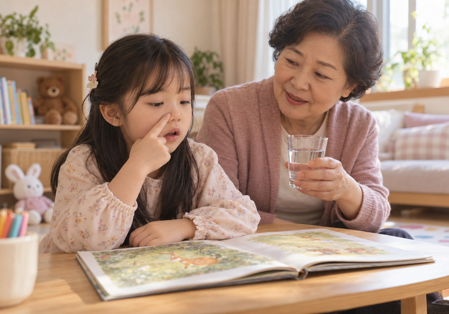 성북 입으로 숨쉬는 아이 – 책상에서 코 옆을 가리키는 여자아이에게 할머니가 물컵을 건네는 모습