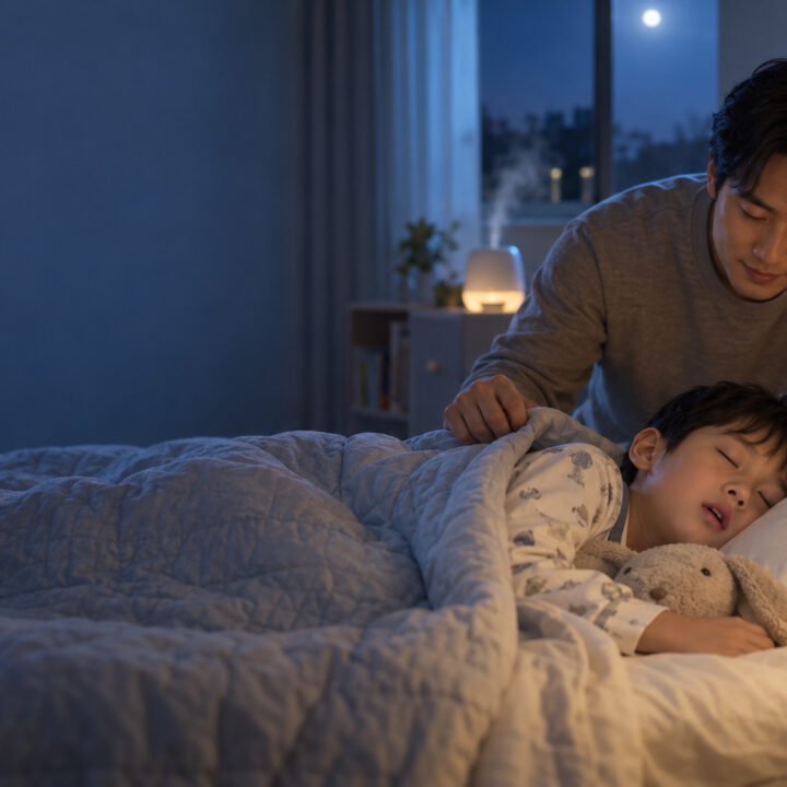 성북 입으로 숨쉬는 아이 – 밤에 입을 벌린 채 잠든 남자아이를 아빠가 곁에서 살펴보는 모습