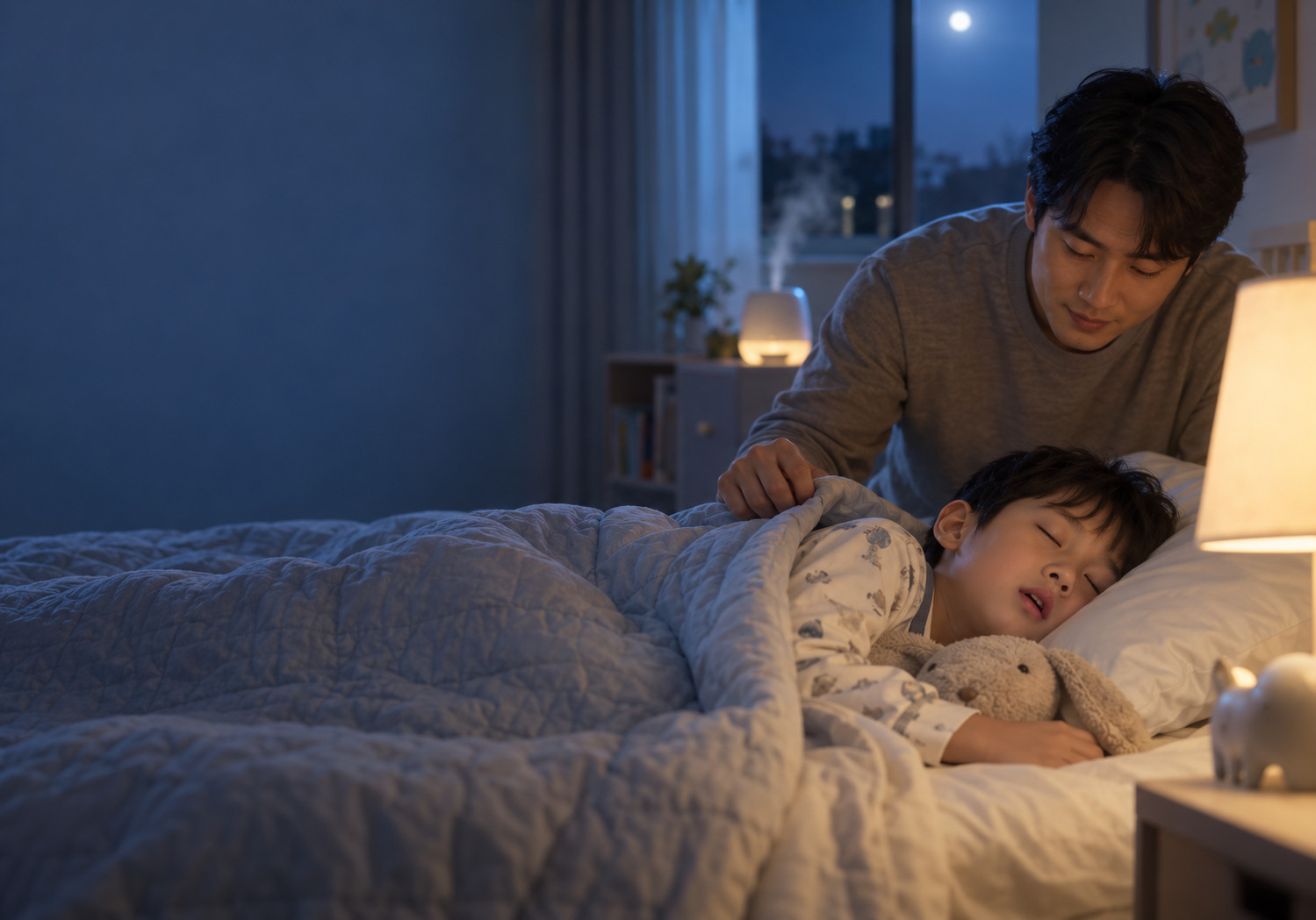 성북 입으로 숨쉬는 아이 – 밤에 입을 벌린 채 잠든 남자아이를 아빠가 곁에서 살펴보는 모습