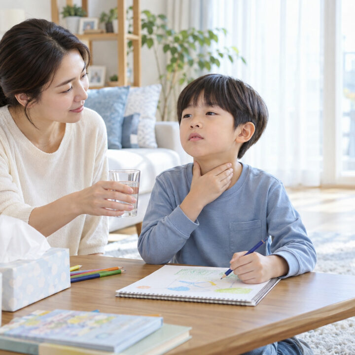 성북 후비루 입냄새 – 목을 만지는 남자아이에게 엄마가 물을 건네는 장면