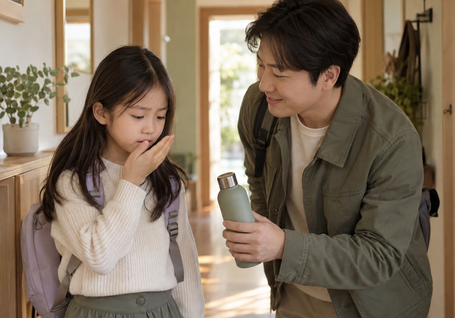 성북 후비루 입냄새 – 입을 가리는 여자아이에게 아빠가 물병을 건네는 장면