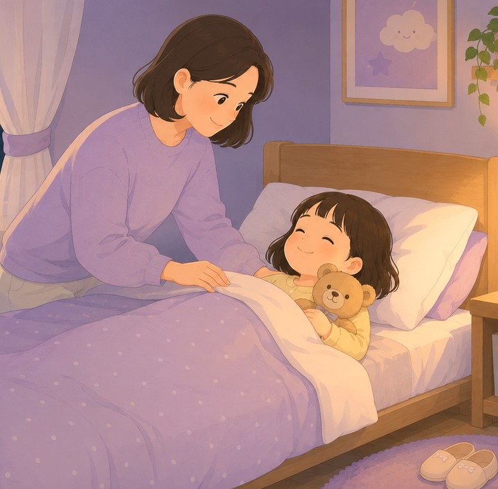 잠실 야뇨증 – 엄마가 잠자리에 든 아이에게 이불을 덮어주는 모습
