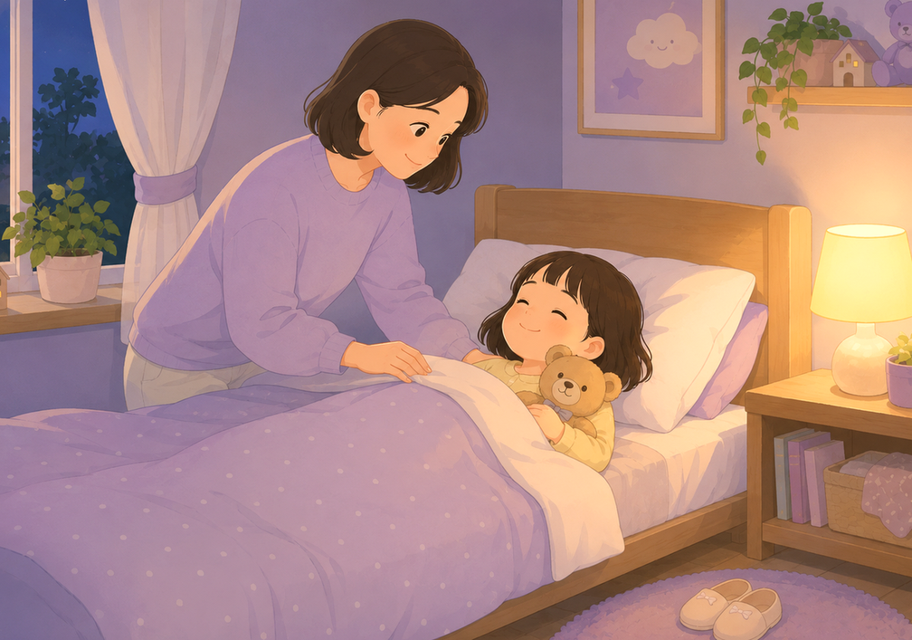 잠실 야뇨증 – 엄마가 잠자리에 든 아이에게 이불을 덮어주는 모습