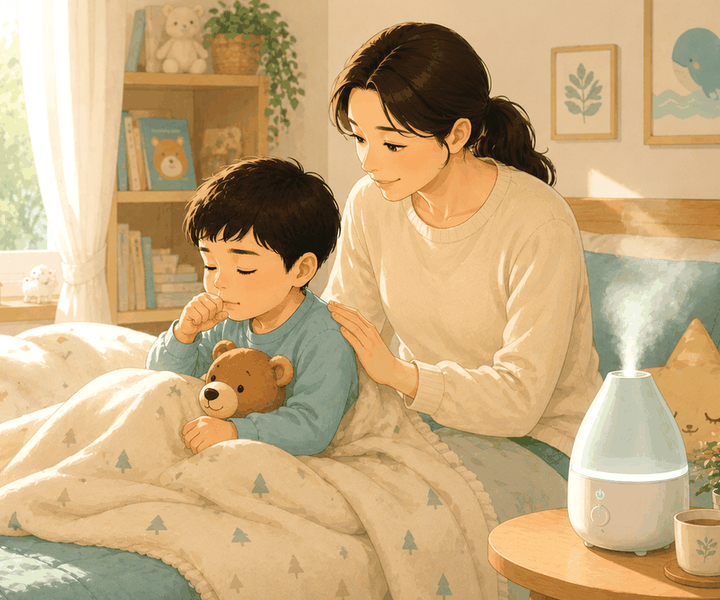 잠실 기관지염 – 아이가 기침을 하고 엄마가 등을 다독여 주는 모습