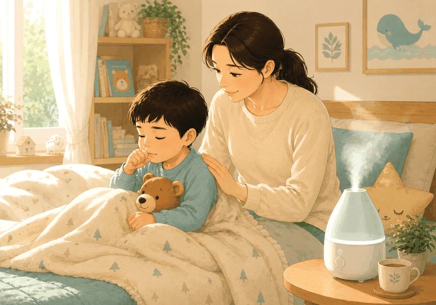 잠실 기관지염 — 침실에서 아이가 입을 가리고 기침하고 엄마가 어깨와 등을 다독여 주는 모습