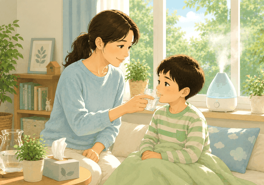 잠실 기관지염 — 소파에서 엄마가 아이에게 물이 담긴 유리컵을 건네는 모습