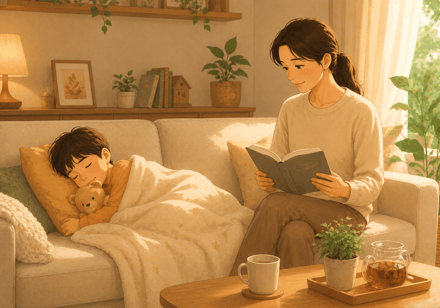 잠실 기관지염 — 거실 소파에서 담요를 덮고 잠든 아이 곁에서 엄마가 책을 읽으며 지켜보는 모습