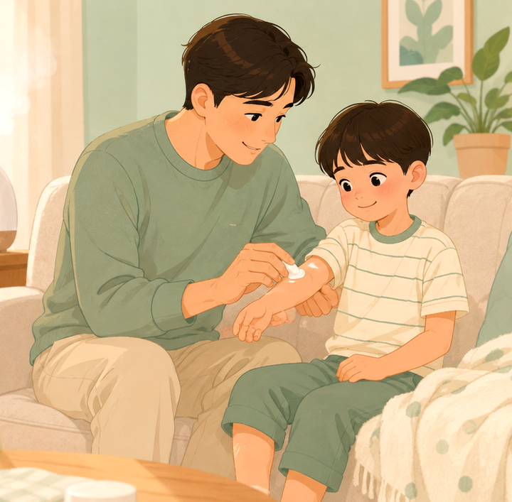 잠실 아토피 – 거실 소파에서 아빠가 아이 팔에 보습 크림을 발라 주는 모습