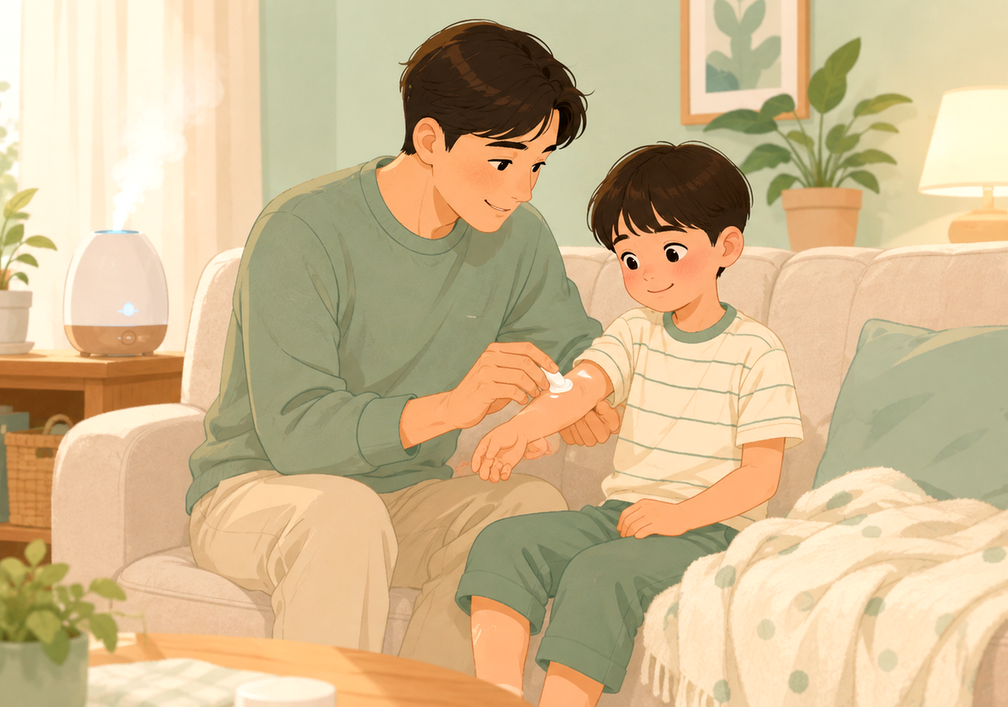 잠실 아토피 – 거실 소파에서 아빠가 아이 팔에 보습 크림을 발라 주는 모습