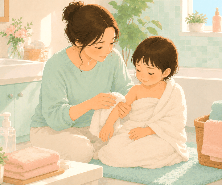 파스텔 욕실에서 엄마가 수건에 감싸인 아이의 팔을 부드럽게 닦아주는 장면