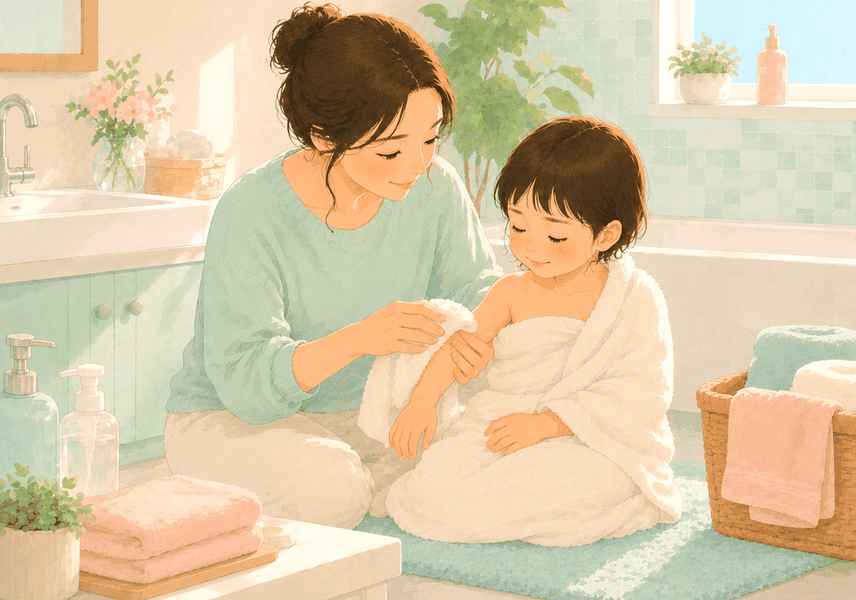 잠실 물사마귀 — 아이 팔에 올라온 작은 피부 병변을 살펴보는 장면