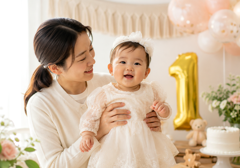 '1' 풍선과 케이크가 있는 돌잔치에서 하얀 드레스를 입은 아기를 안은 엄마