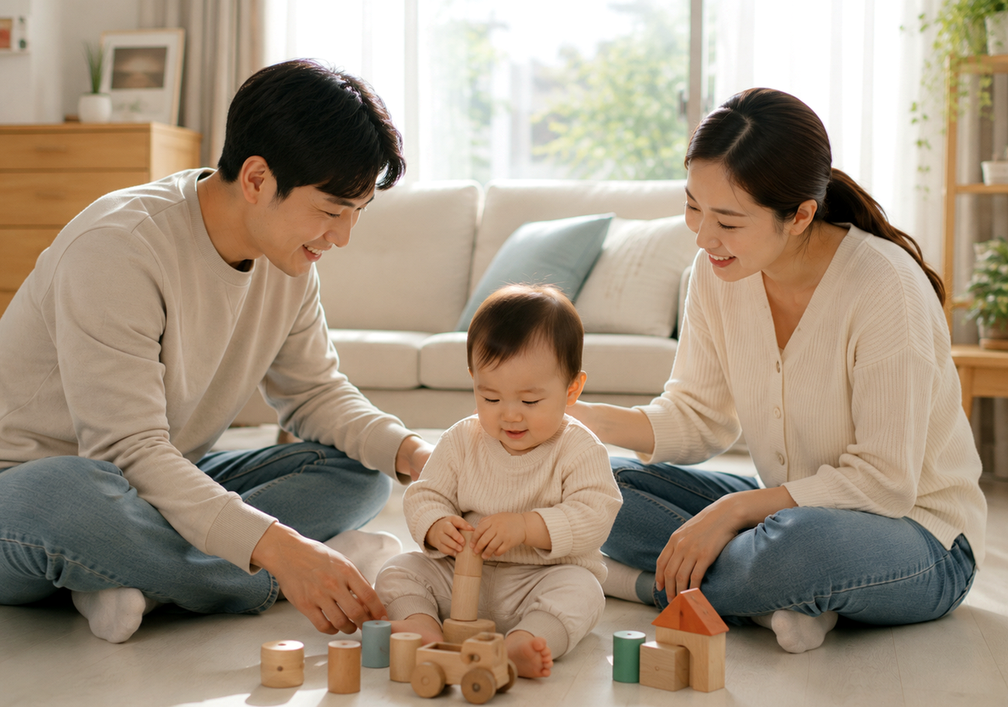거실 바닥에서 원목 블록을 가지고 아기와 함께 놀아주는 엄마 아빠