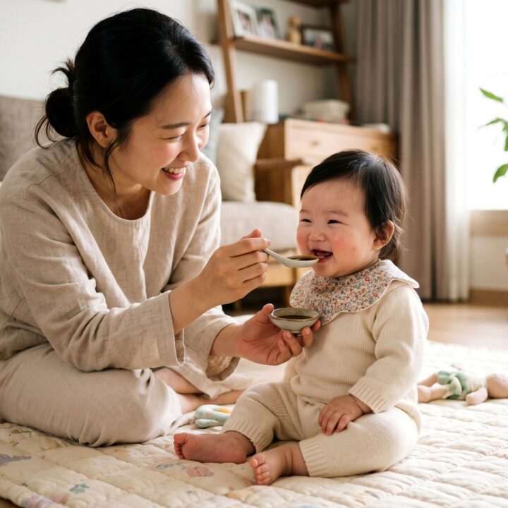 거실 바닥에 앉아 아기에게 보약을 숟가락으로 먹여주는 엄마