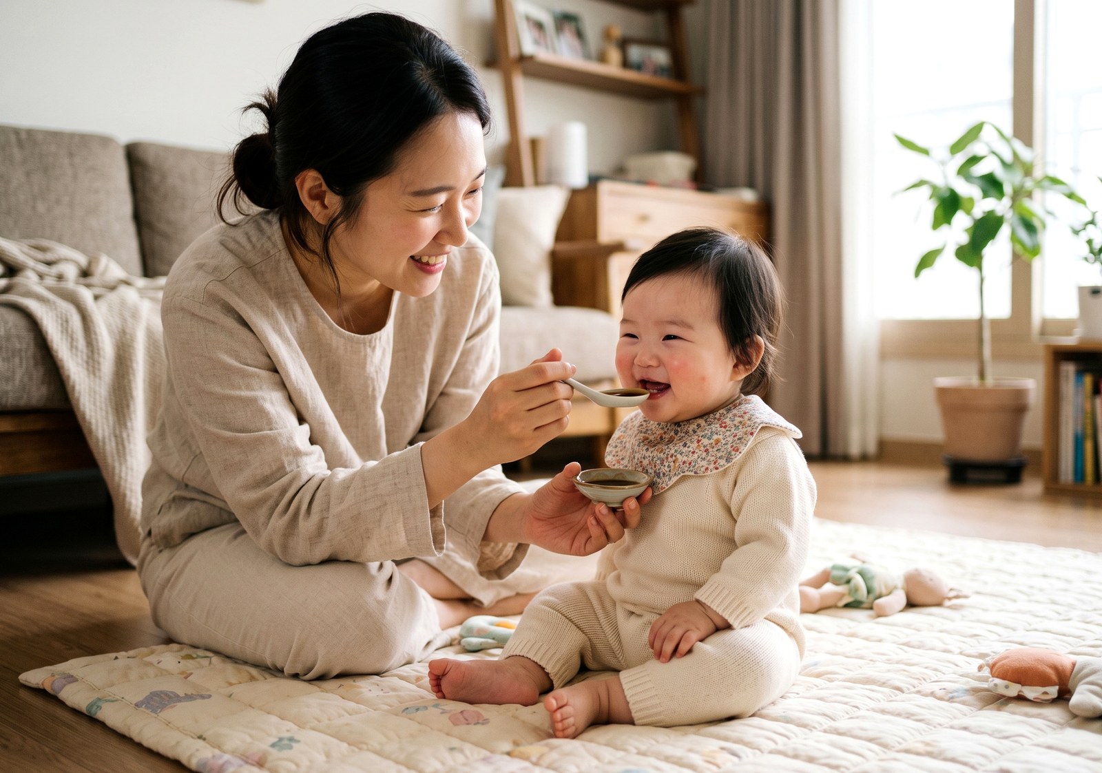 잠실 돌보약 — 거실 바닥에 앉아 아기에게 보약을 숟가락으로 먹여주는 엄마