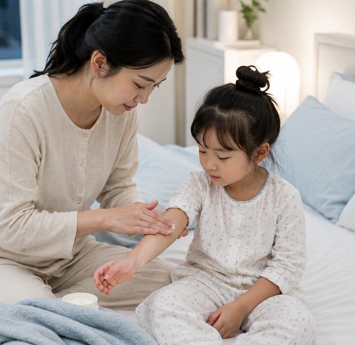 잠실 소아 두드러기 – 엄마가 아이 팔에 보습크림을 발라주는 장면