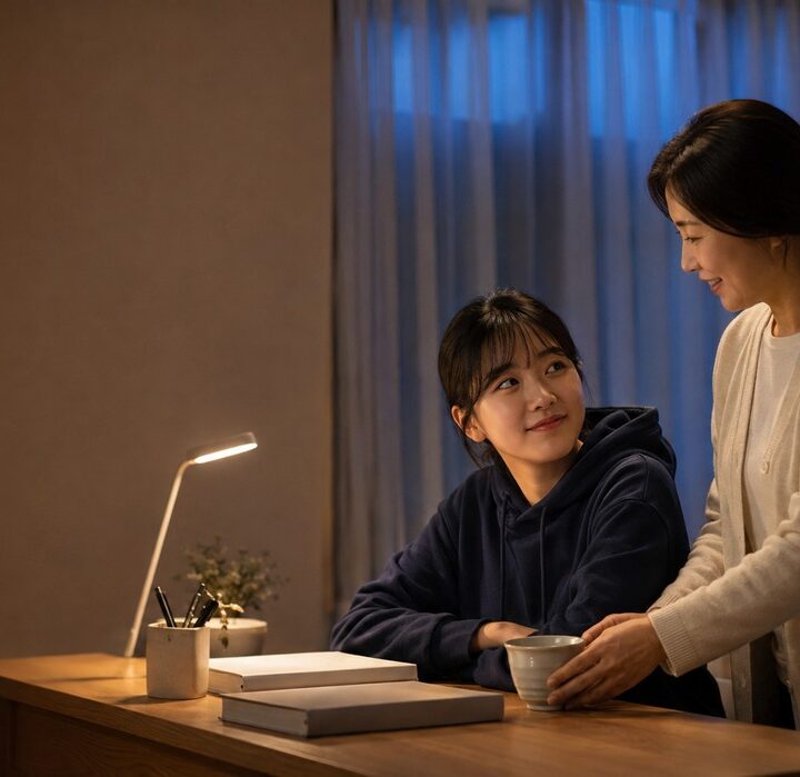 잠실 수험생한약 – 밤에 책상에서 공부하는 수험생에게 차를 건네는 엄마
