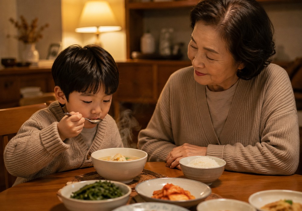 따뜻한 물을 마시며 편안하게 쉬는 아이