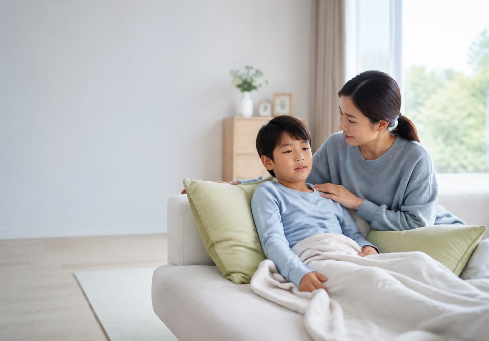 하늘색 스웨터를 입은 엄마가 소파에 담요를 덮고 기대 앉은 파란 상의 남아를 감싸 안은 모습