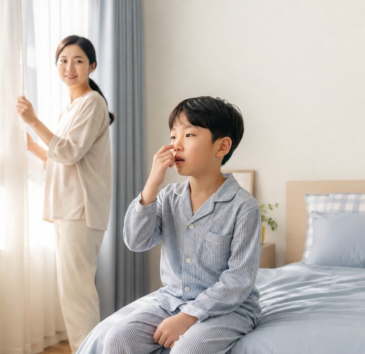밝은 침실에서 줄무늬 잠옷 남자아이가 침대에 앉아 코를 만지고 엄마가 창가 커튼을 여는 모습