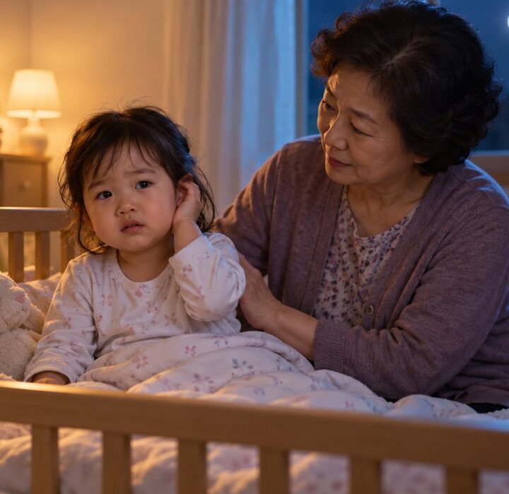 잠실 중이염 – 아기침대에 앉은 여자아이가 귀에 손을 대고 할머니가 밤에 돌보는 모습