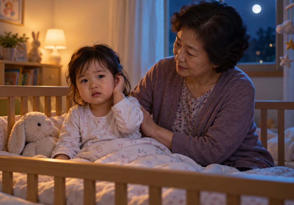 잠실 아기중이염 — 귀를 만지며 보채는 아기의 귀 상태를 살피는 모습