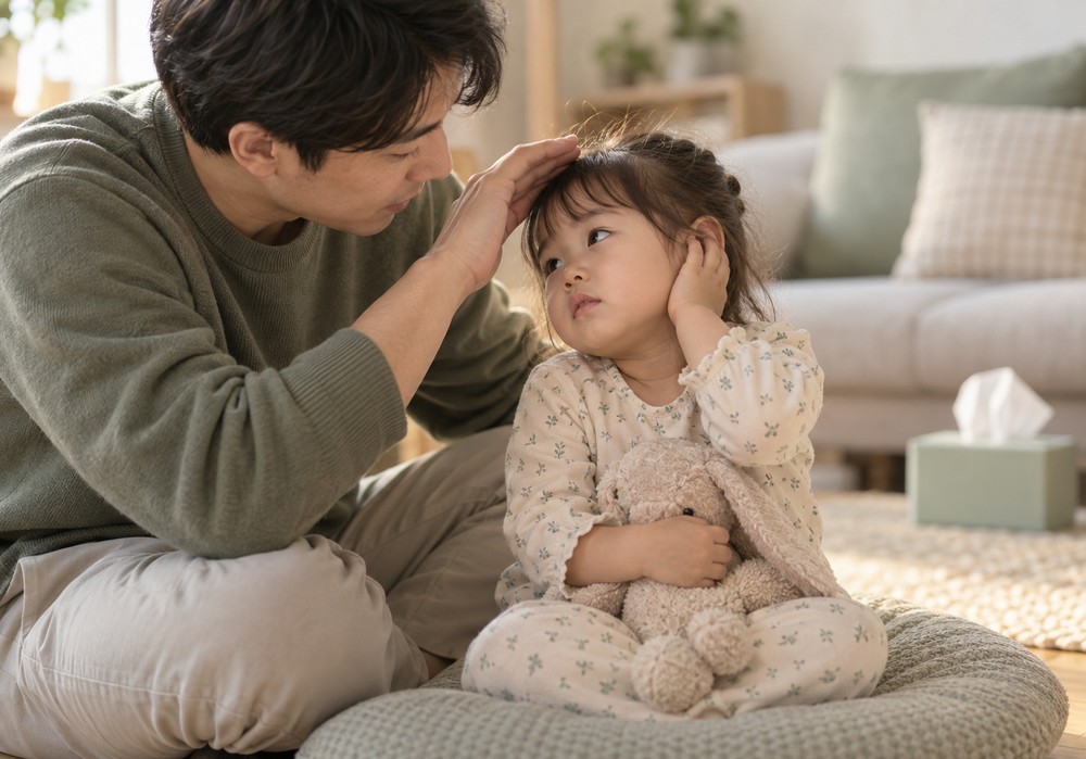 잠실 아기중이염 — 물 자주 먹이기와 세워 안기로 귀를 편하게 돕는 생활 관리 모습