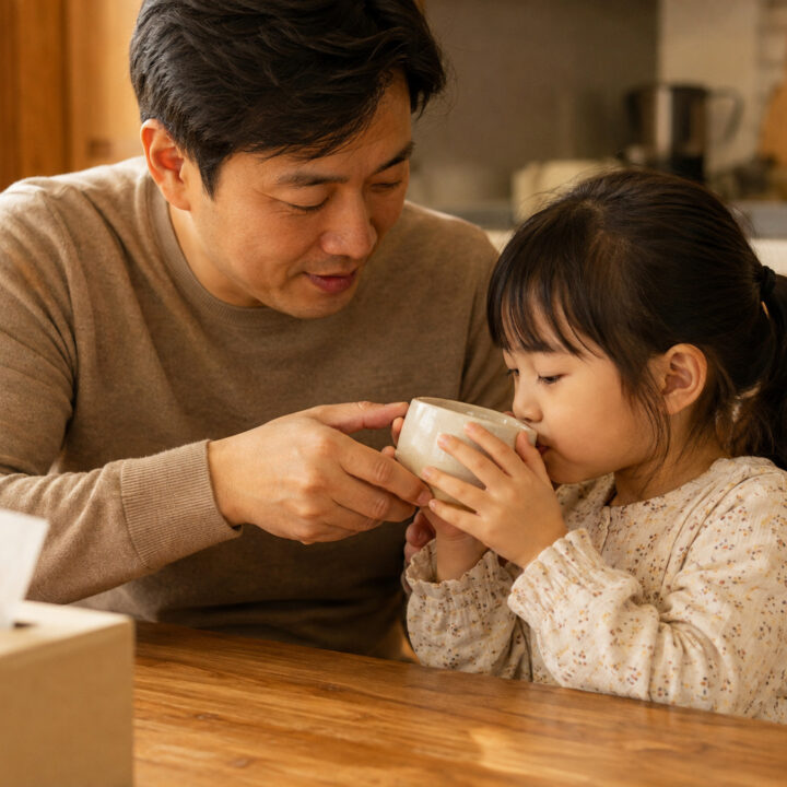 잠실 축농증 한약 – 아빠가 아이에게 따뜻한 음료를 건네는 모습