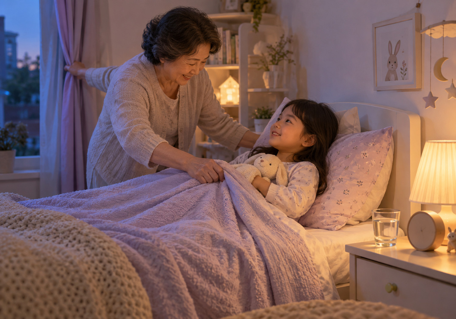 잠실 키 작은 아이 – 저녁에 침대에 누워 토끼 인형을 안은 여자아이에게 할머니가 이불을 덮어 주는 모습