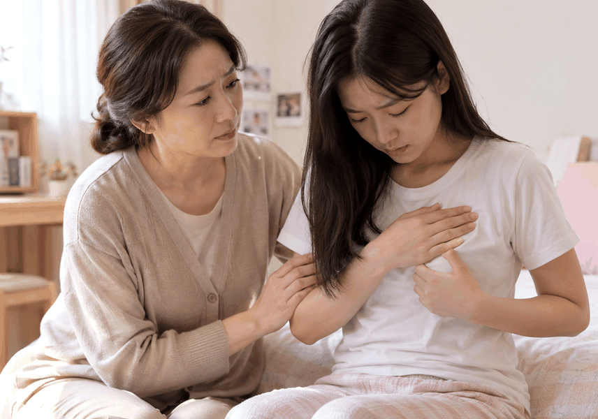 잠실 성조숙증가슴멍울 — 가슴 멍울이 잡히기 시작한 여아를 진료하는 모습
