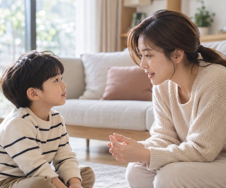 잠실 조용한 ADHD, 거실에서 부모와 눈을 맞추며 이야기를 듣는 아이