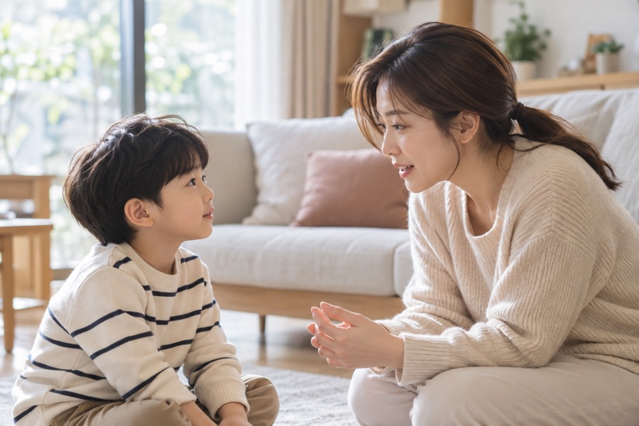잠실 조용한 ADHD, 거실에서 부모와 눈을 맞추며 이야기를 듣는 아이