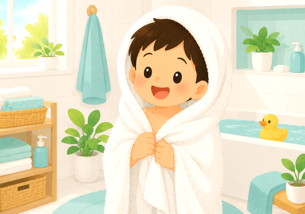 광명 아토피 – 목욕을 마친 아이가 수건을 두르고 있는 모습