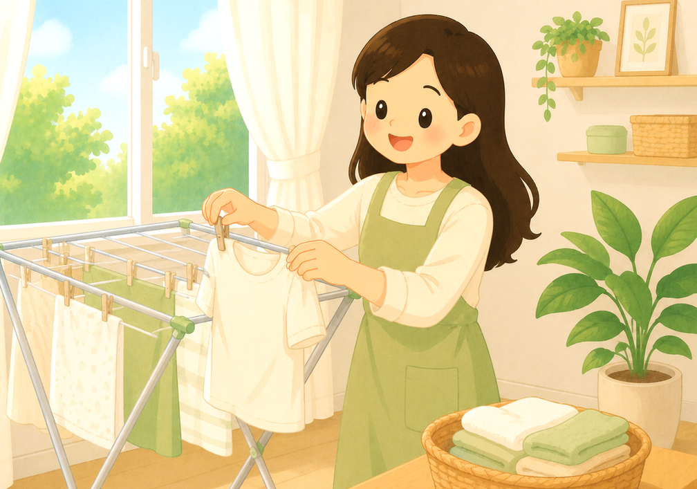 광명 아토피 – 엄마가 건조대에 아이 옷을 너는 모습