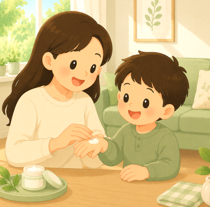 광명 아토피 – 엄마가 아이 손에 보습 크림을 덜어주는 모습
