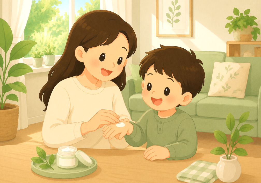 광명 아토피 – 엄마가 아이 손에 보습 크림을 덜어주는 모습
